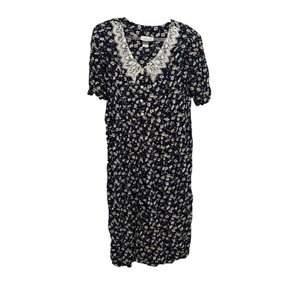 Vintage Lace Collar Floral Prairie Dress Cottagecore Traditional Grandma Modest